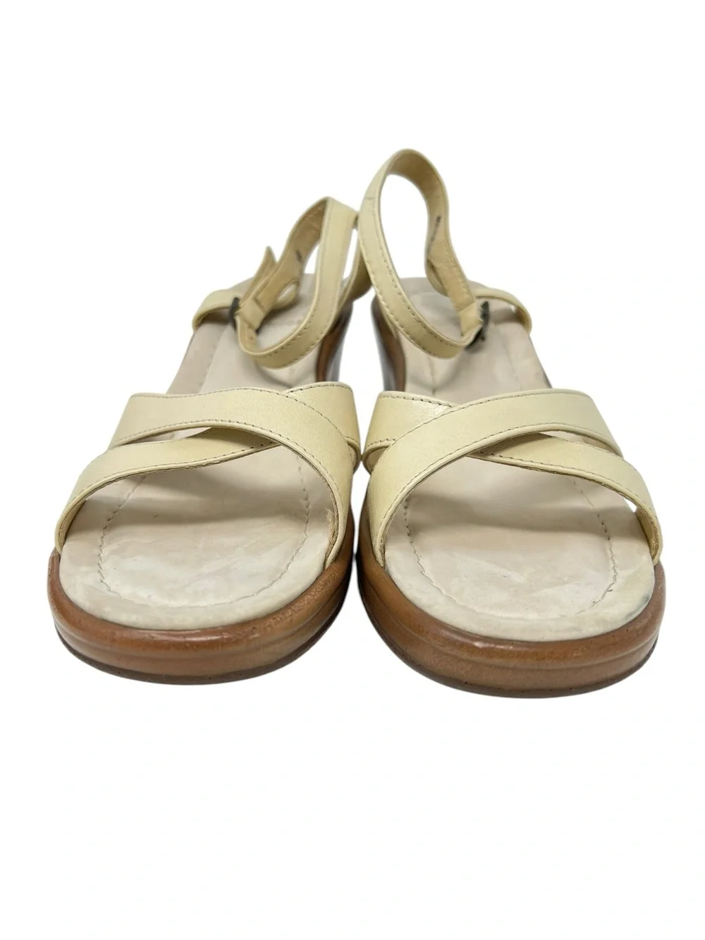 Dansko Cream Leather Cross-Strap Wedge Sandals with Buckle